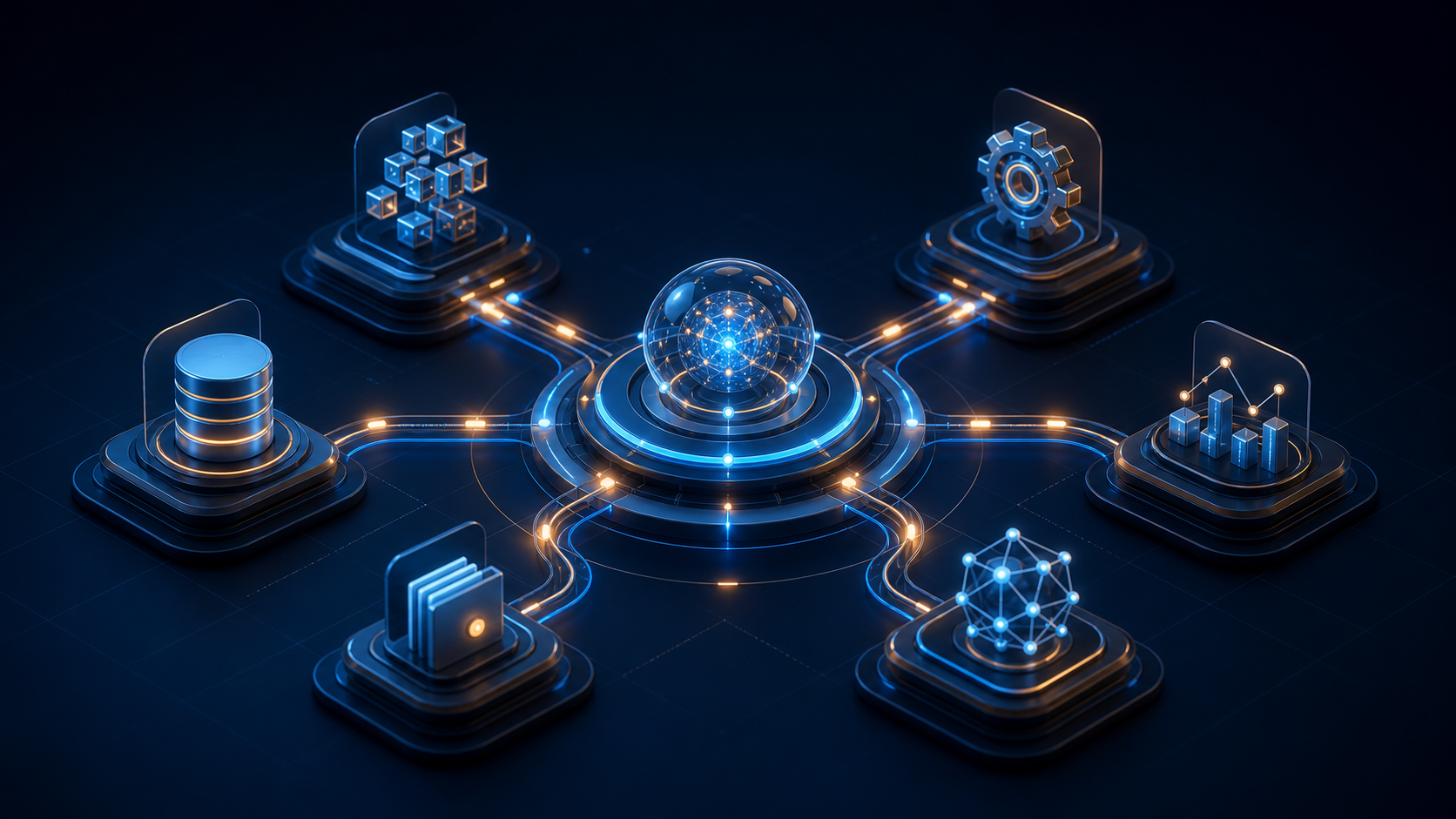 Connected automation nodes coordinating a governed AI workflow