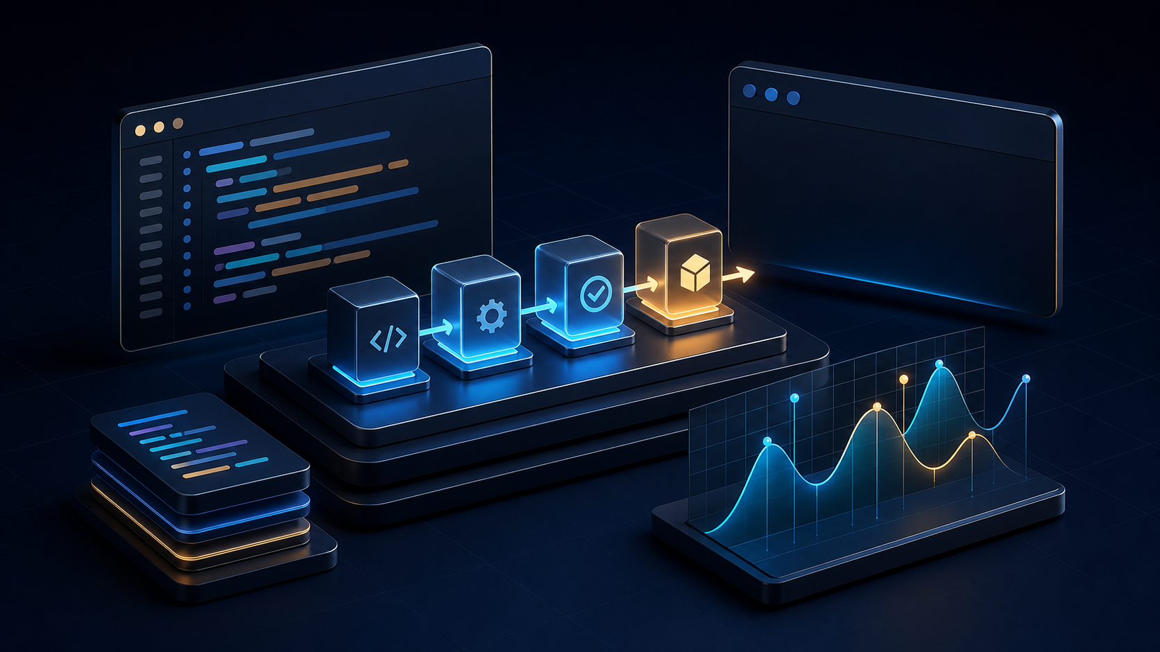 Abstract developer tooling panels connected to a deployment flow