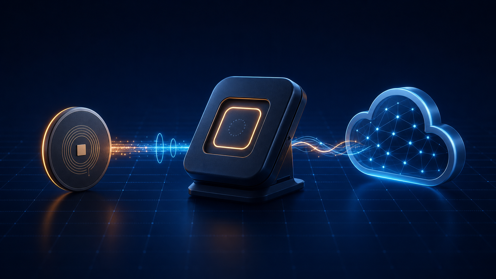 NFC tag and scanner connected to a cloud service by a glowing signal